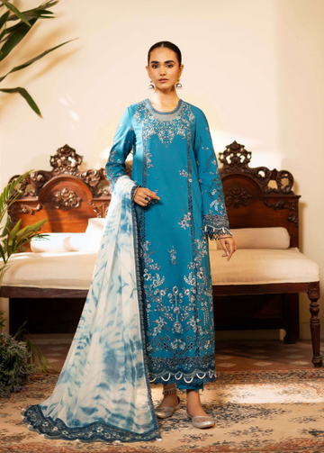Woman in a blue embroidered traditional outfit standing in a decorated room with wooden furniture and plants.