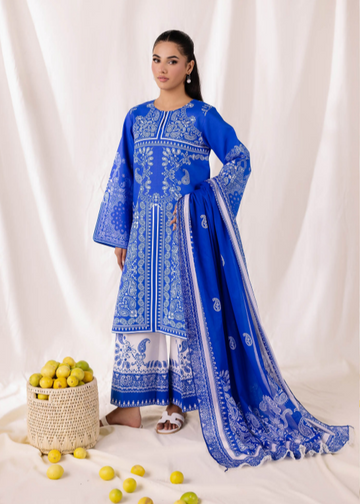 Woman wearing a blue embroidered traditional outfit with a white background