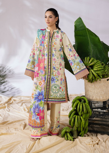 Woman wearing a colorful embroidered traditional outfit with a natural setting.