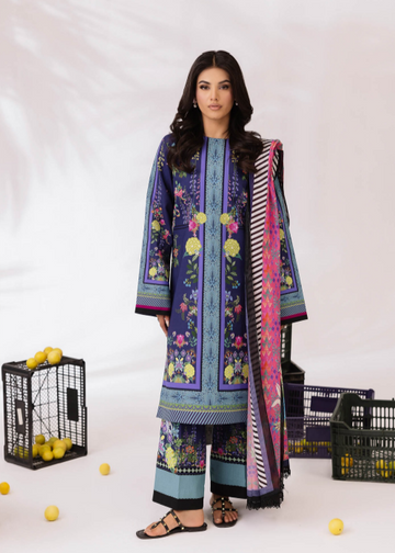 Woman wearing a colorful traditional outfit with a patterned shawl on a white background