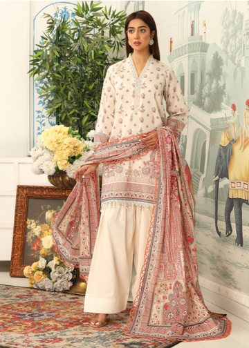 Woman in a traditional outfit with floral decorations and a decorative background