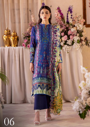 Woman in a colorful traditional outfit standing in a decorated room with flowers and decor.