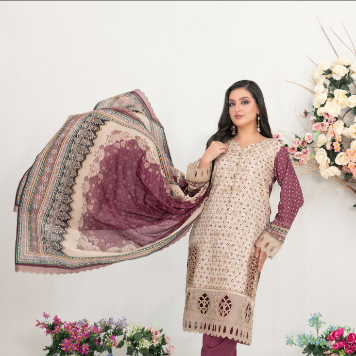 Woman in traditional outfit with floral decorations on a light background