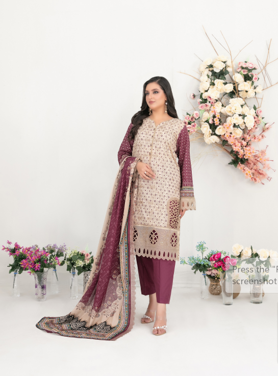 Woman in traditional outfit with floral decorations on a white background