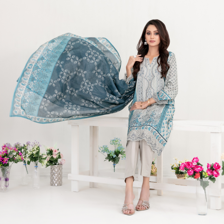 Woman holding a blue floral scarf with a white background and floral decorations.