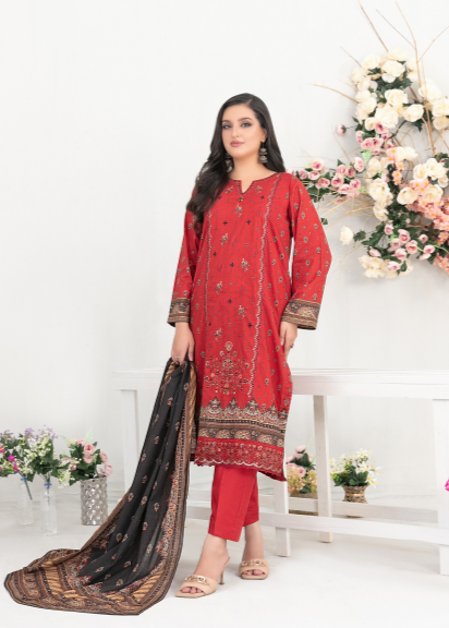 Woman in a red traditional outfit with floral decorations in the background
