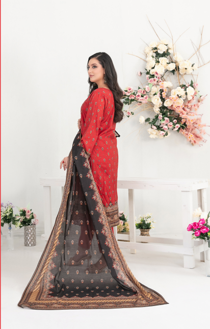 Woman in a red and black traditional outfit with a floral background