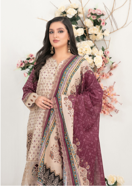 Woman wearing a traditional outfit with floral decorations in the background