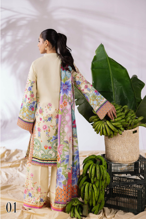Woman holding a basket of bananas wearing a floral dress with a plain jacket.