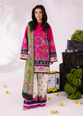 Woman wearing a colorful traditional outfit with a white background and bananas on the floor.