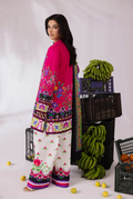 Woman in colorful traditional outfit with bananas and crates on a white background