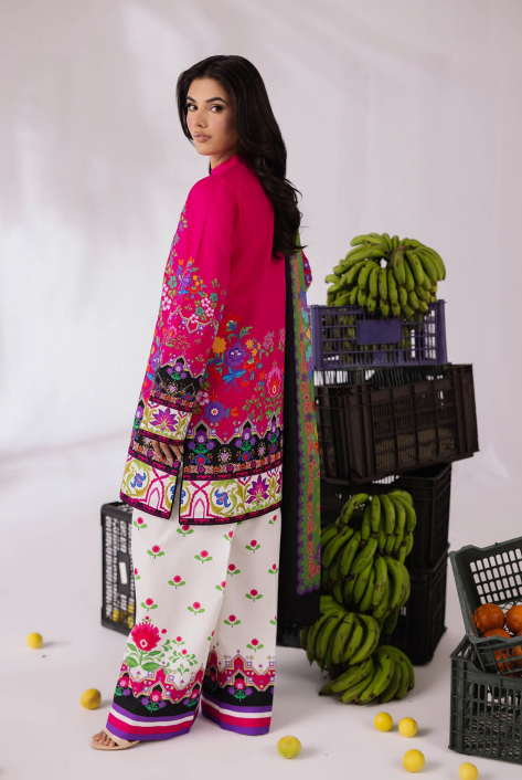 Woman in colorful traditional outfit with bananas and crates on a white background