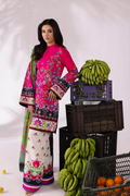 Woman in a colorful traditional outfit standing next to crates of bananas and oranges on a white background