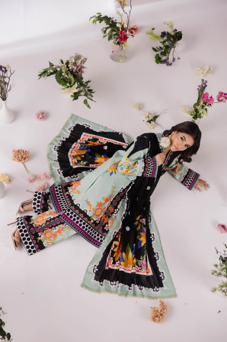 Woman in a colorful traditional outfit surrounded by flowers on a white background
