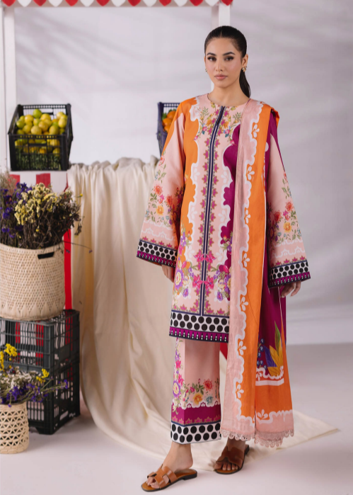 Woman wearing a colorful traditional outfit with a white background