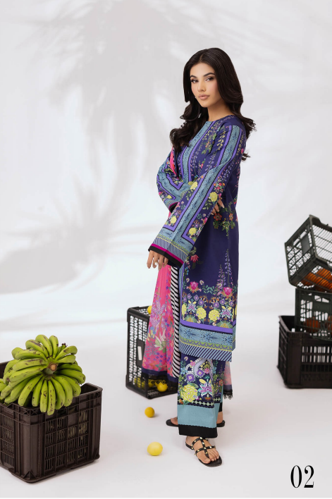 Woman wearing a colorful traditional outfit with a white background