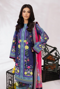 Woman wearing a colorful embroidered dress with a pink dupatta, standing against a white background.