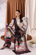 Woman wearing a colorful embroidered traditional outfit with a white background