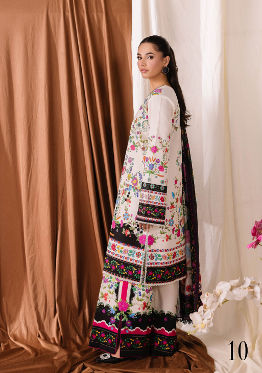 Woman wearing a traditional embroidered outfit with a white background