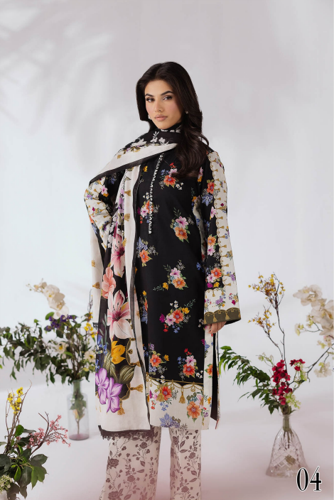 Woman wearing a floral dress with a matching shawl, surrounded by flowers on a white background