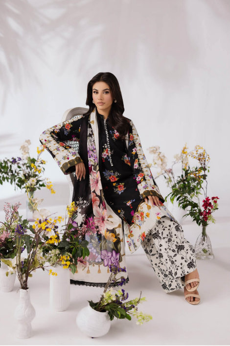 Woman in a floral outfit surrounded by flowers on a white background