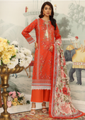 Woman in a red embroidered outfit with a floral dupatta, standing in a decorated room with flowers and furniture.