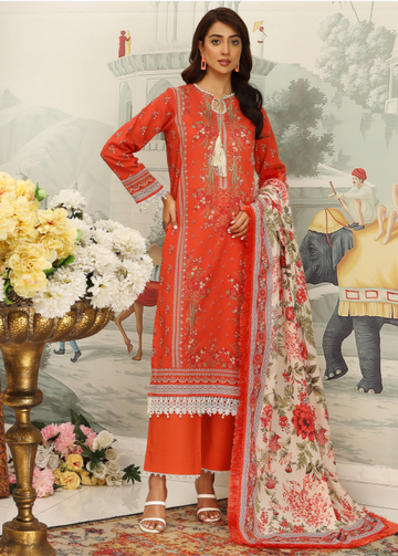 Woman in a red embroidered outfit with a floral dupatta, standing in a decorated room with flowers and furniture.