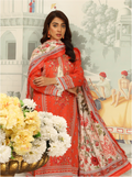 Woman in a red traditional outfit with floral patterns, standing in front of a decorative background.