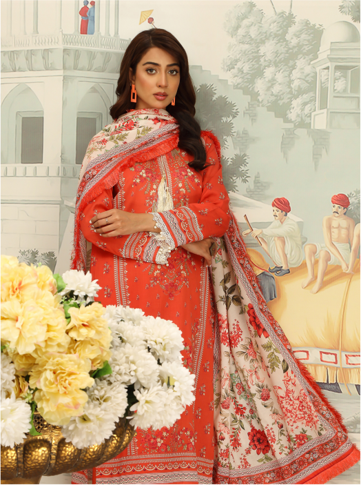 Woman in a red traditional outfit with floral patterns, standing in front of a decorative background.