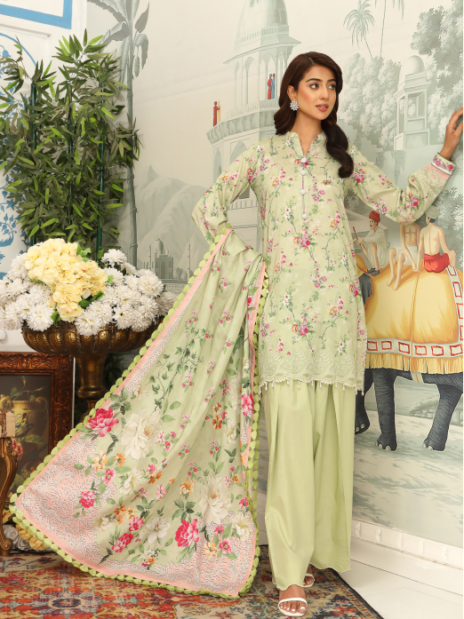Woman wearing a light green floral embroidered outfit with a background of decorative elements.