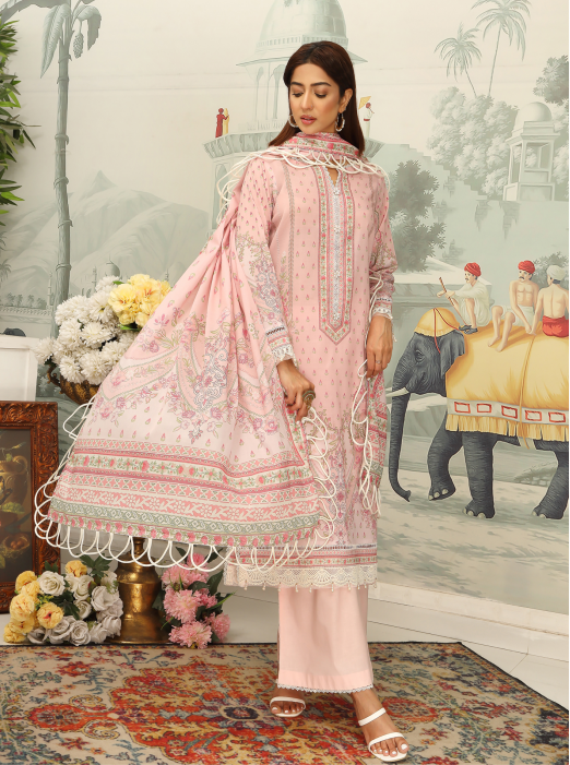 Woman in a pink traditional outfit standing in front of a decorative wall with elephants and flowers.