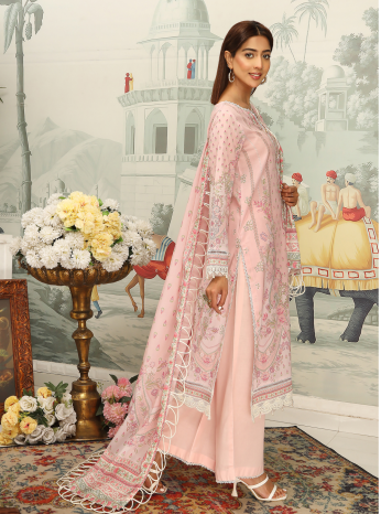 Woman in a light pink traditional outfit with intricate designs, standing in a decorative room with flowers and a painting.