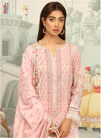 Woman wearing a pink embroidered traditional outfit with a decorative background