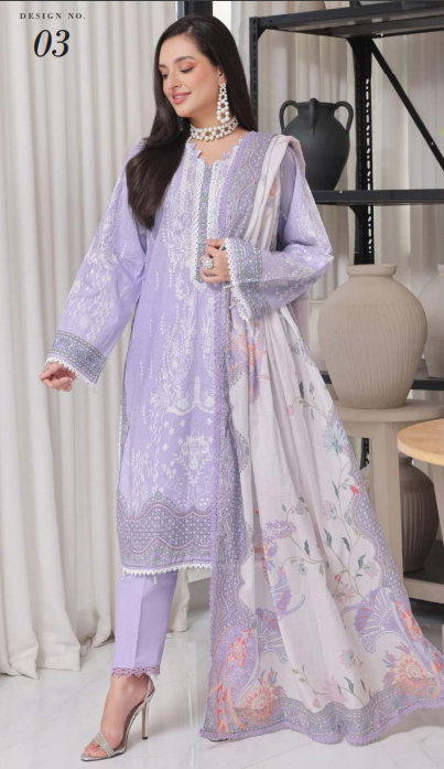 Woman wearing a light purple embroidered outfit with a matching dupatta in a minimal indoor setting.