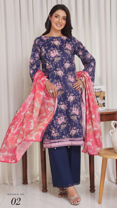 Woman wearing a floral dress with a pink dupatta in a room setting.