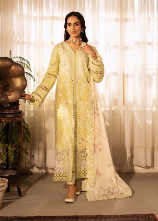 Woman in a light yellow embroidered traditional outfit standing in a softly lit room.