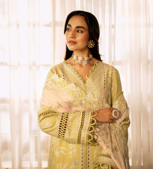 Woman wearing a light green embroidered traditional outfit with a blurred background