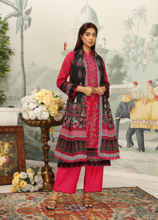 Woman in traditional outfit with floral patterns in a decorative setting