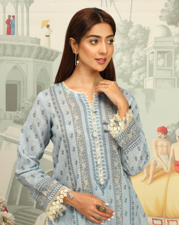 Woman wearing a light blue embroidered traditional outfit with a decorative background