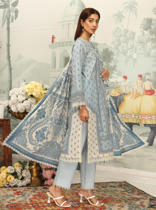 Woman wearing a light blue embroidered outfit with a decorative background