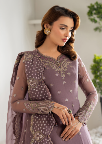 Woman wearing a purple embroidered traditional outfit with a blurred background