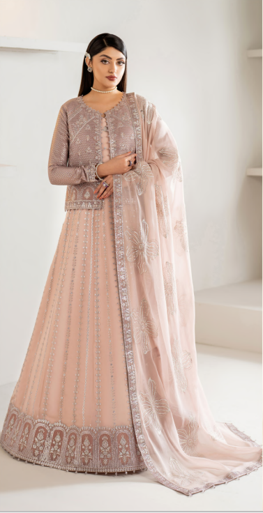 Woman wearing a traditional pink embroidered outfit with a white background