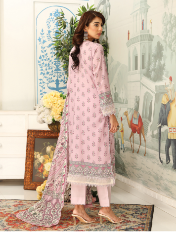 Woman in a pink traditional outfit standing in a decorated room with a painting and decorative elements.