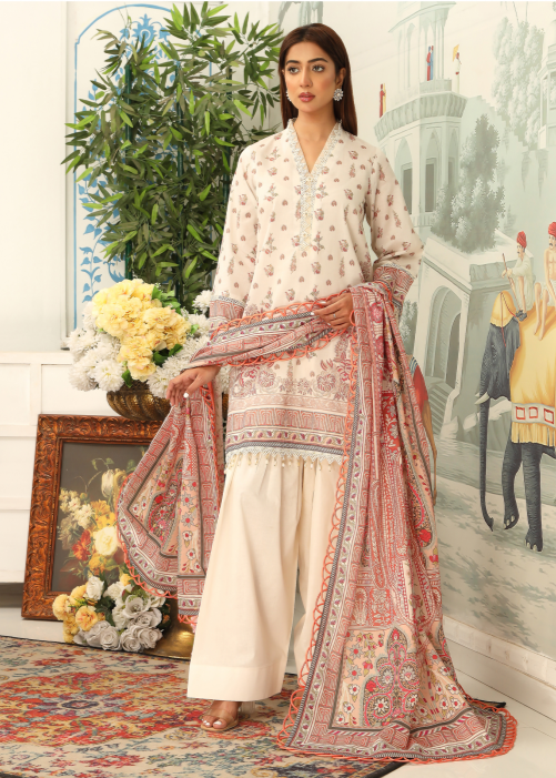 Woman in a traditional outfit with floral decorations and a decorative background