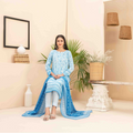 Woman in a blue traditional outfit standing in a decorated room with plants and decor.