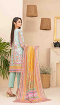 Woman in a light blue outfit with a colorful dupatta in a room with plants and lamps.
