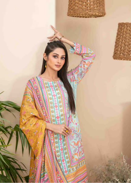Woman wearing a colorful traditional outfit with a neutral background