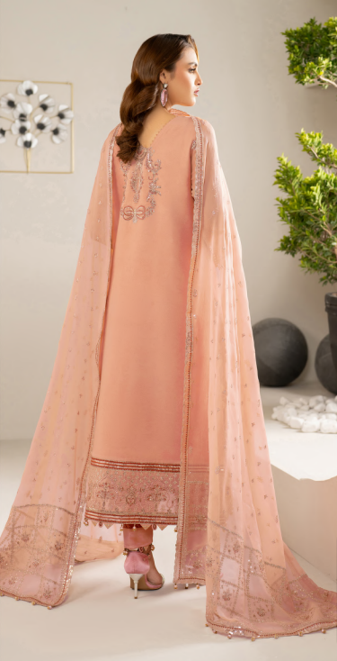 Woman wearing a peach embroidered outfit with a sheer dupatta in a minimal indoor setting.