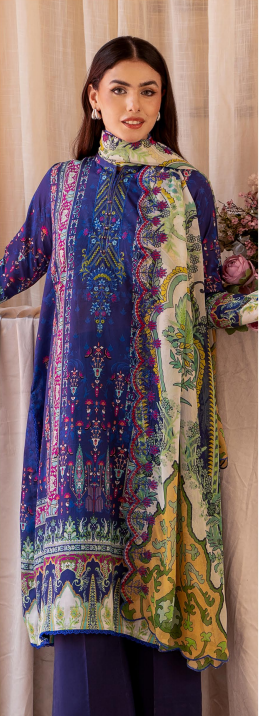 Woman wearing a colorful embroidered dress with a neutral background
