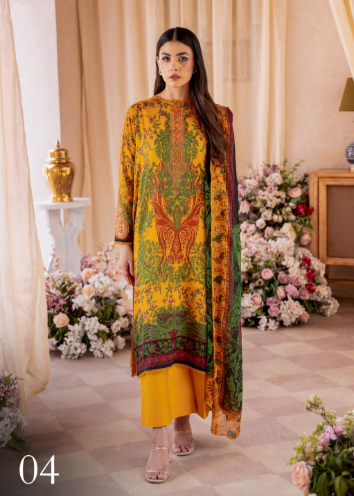 Woman in a colorful traditional outfit standing in a decorated room with flowers.